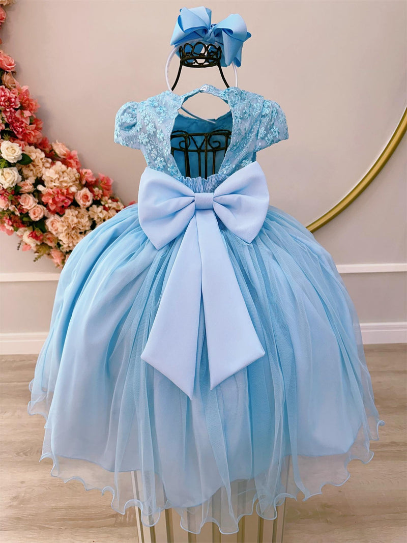 Vestido Infantil Azul Damas C/ Renda e Aplique Borboletas