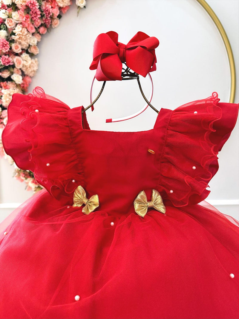 Vestido Infantil Vermelho Broches Dourados Natal Festa