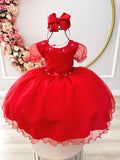 Vestido Infantil Vermelho Busto Nervura Apliques Flores