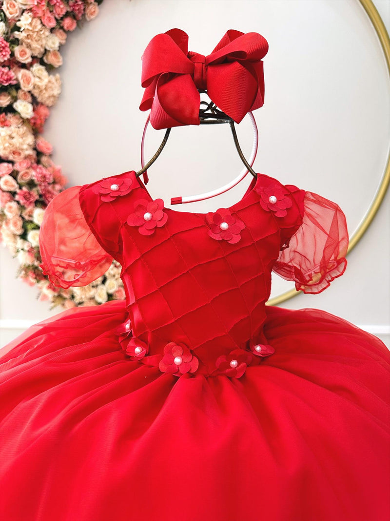 Vestido Infantil Vermelho Busto Nervura Apliques Flores