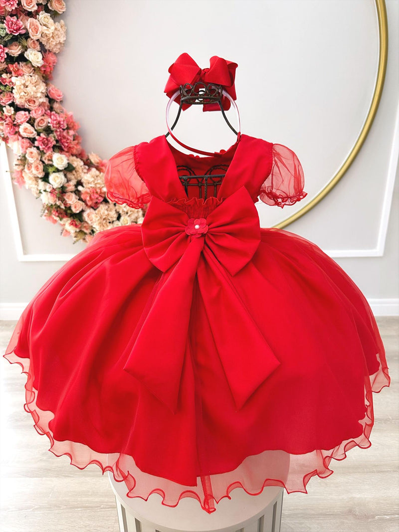 Vestido Infantil Vermelho Busto Nervura Apliques Flores