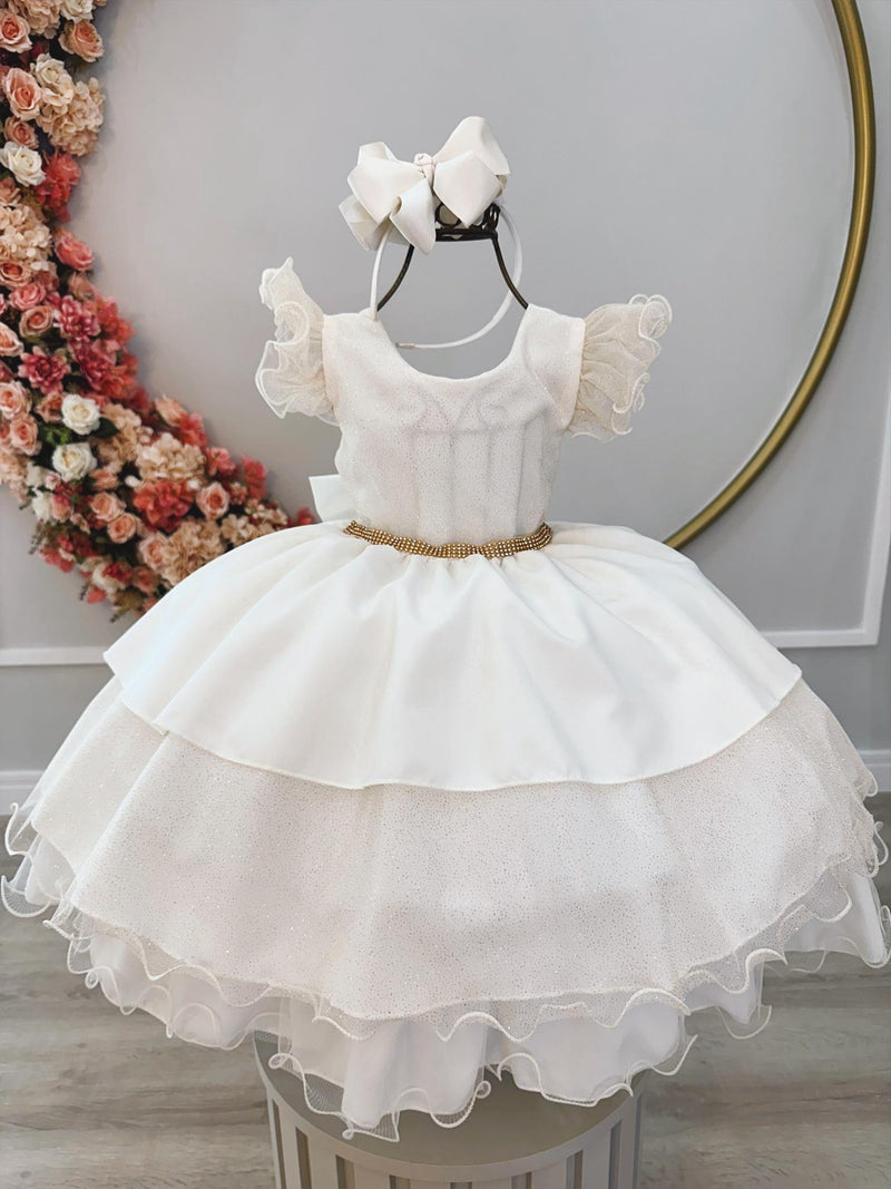 Vestido Infantil Marfim Com Babados e Glitter Festas Damas