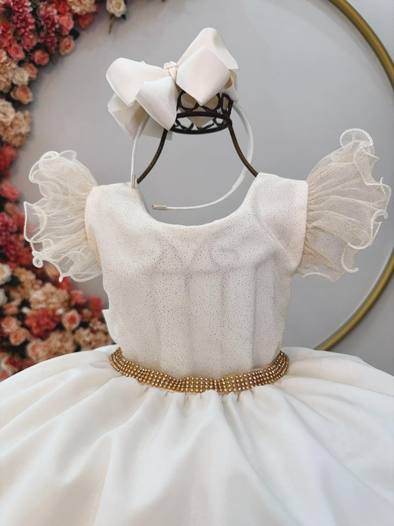 Vestido Infantil Marfim Com Babados e Glitter Festas Damas