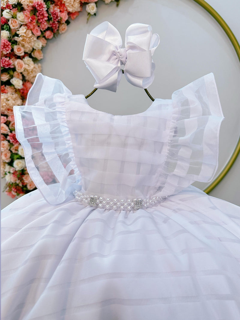 Vestido Infantil Branco Organza Listrado C/ Pérolas Damas