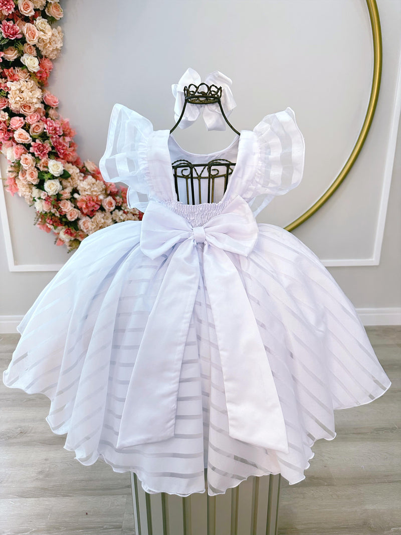 Vestido Infantil Branco Organza Listrado C/ Pérolas Damas