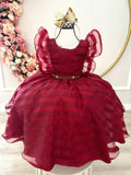 Vestido Infantil Marsala Organza Listrado C/ Pérolas Damas