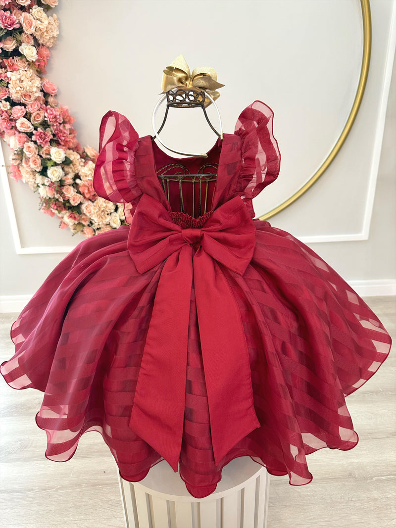 Vestido Infantil Marsala Organza Listrado C/ Pérolas Damas