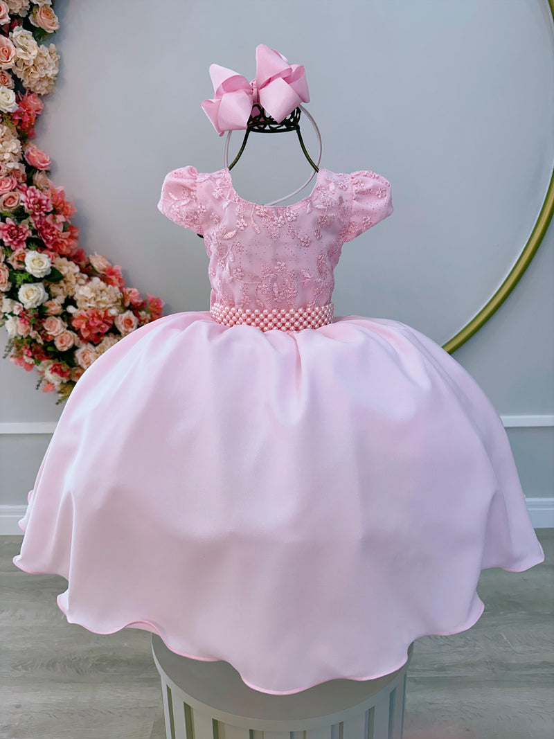 Vestido Infantil Rosa Bebê Busto C/ Renda e Cinto de Pérolas