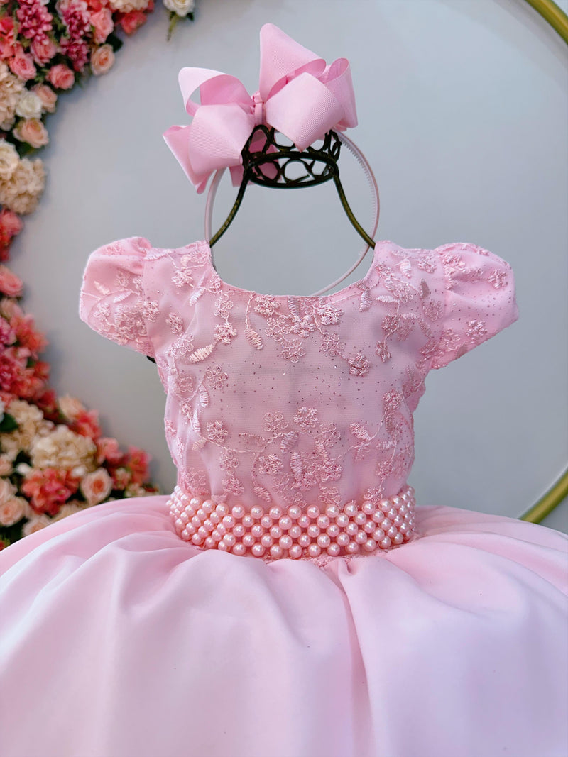 Vestido Infantil Rosa Bebê Busto C/ Renda e Cinto de Pérolas