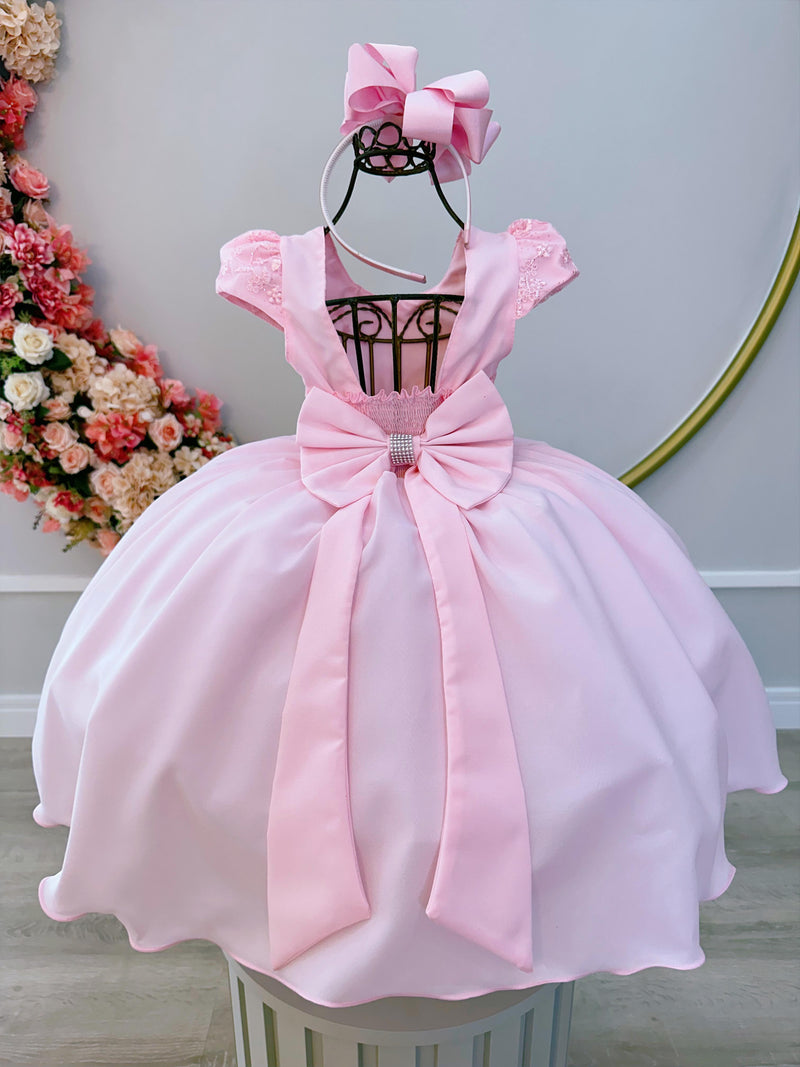 Vestido Infantil Rosa Bebê Busto C/ Renda e Cinto de Pérolas