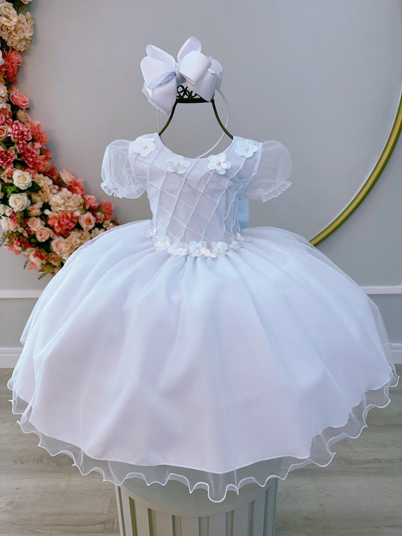 Vestido Infantil Branco Busto Nervura Apliques Flores Festas