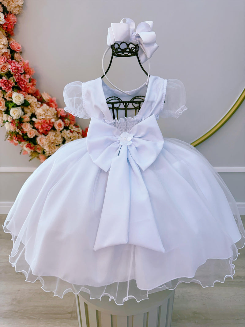 Vestido Infantil Branco Busto Nervura Apliques Flores Festas