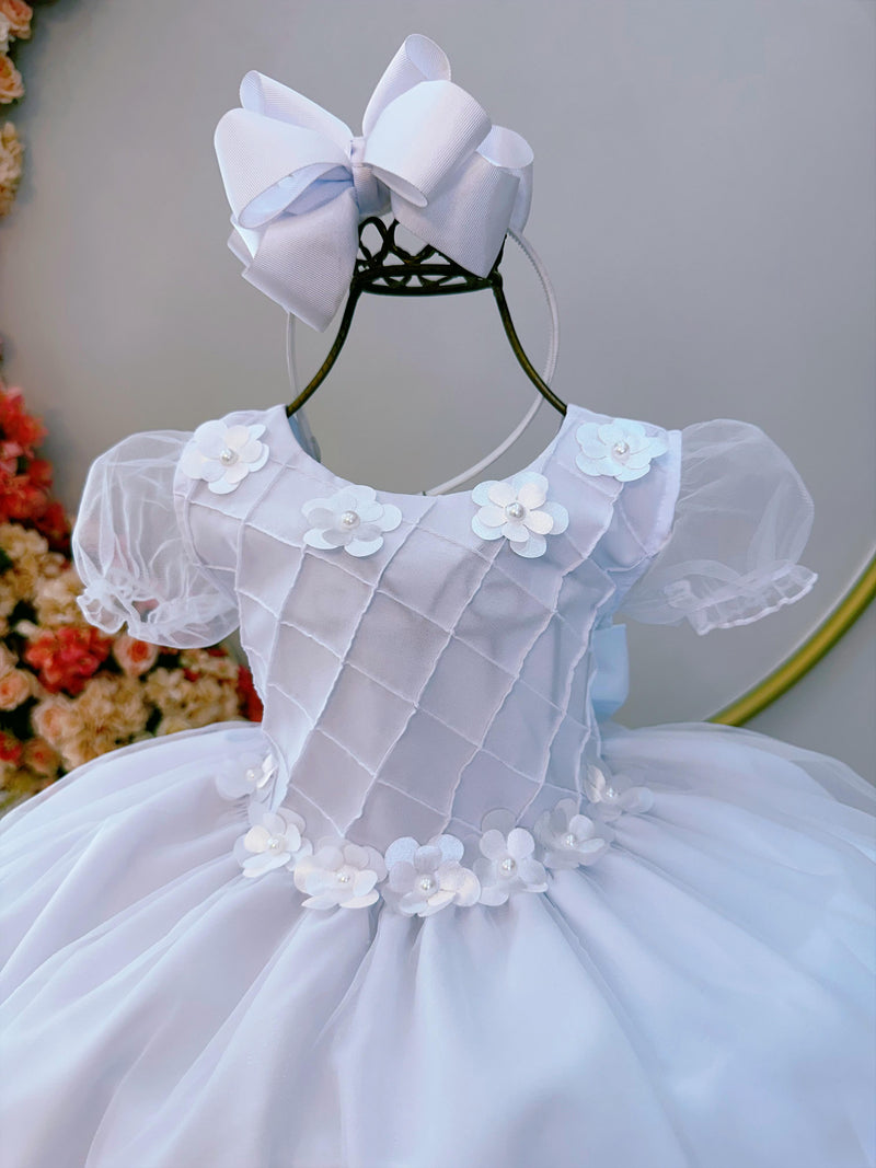 Vestido Infantil Branco Busto Nervura Apliques Flores Festas