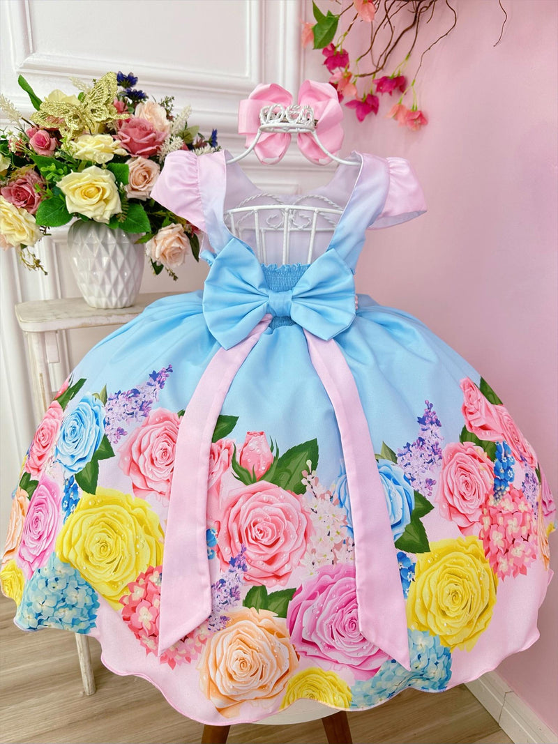 Vestido Infantil Rosa Flores Primavera e Cinto Pérolas Festas