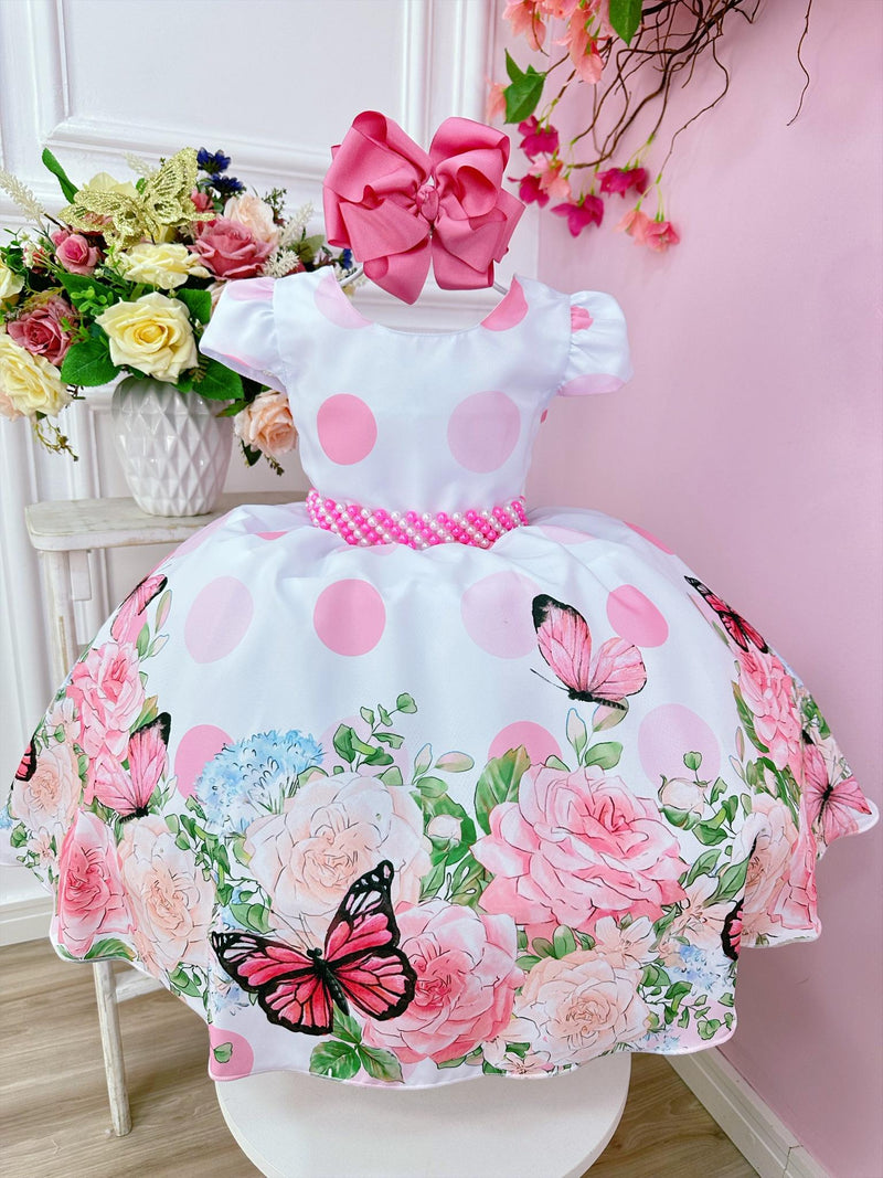 Vestido Infantil Branco Jardim Borboletas e Cinto Pérolas