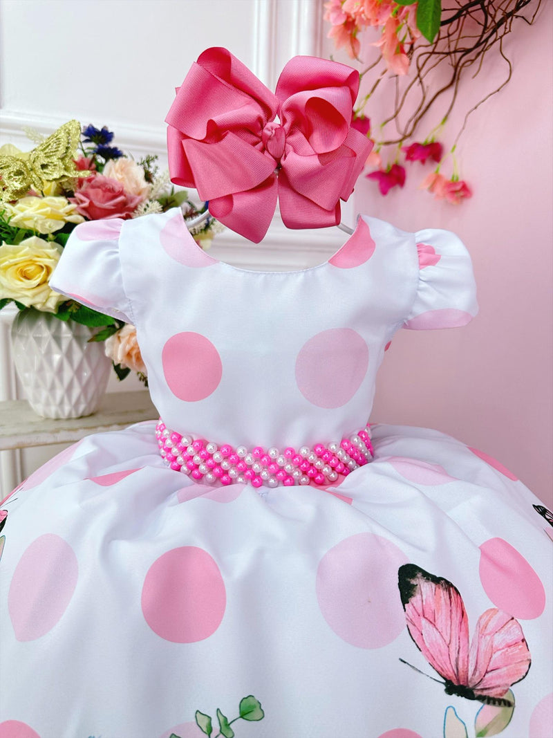 Vestido Infantil Branco Jardim Borboletas e Cinto Pérolas