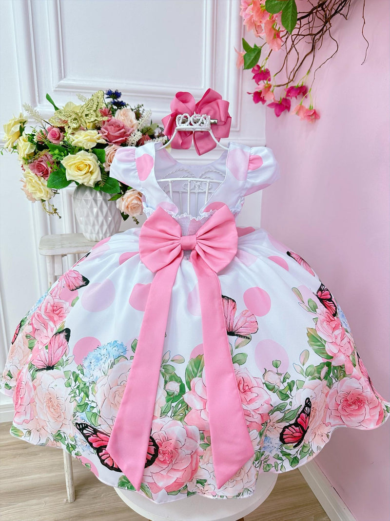 Vestido Infantil Branco Jardim Borboletas e Cinto Pérolas