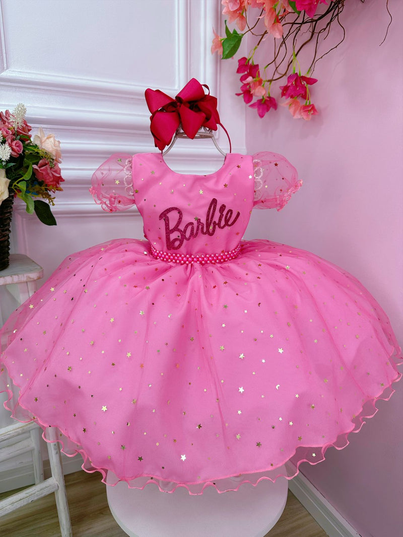 Vestido Infantil Barbie C/ Glitter e Estrelas Rosa Chiclete