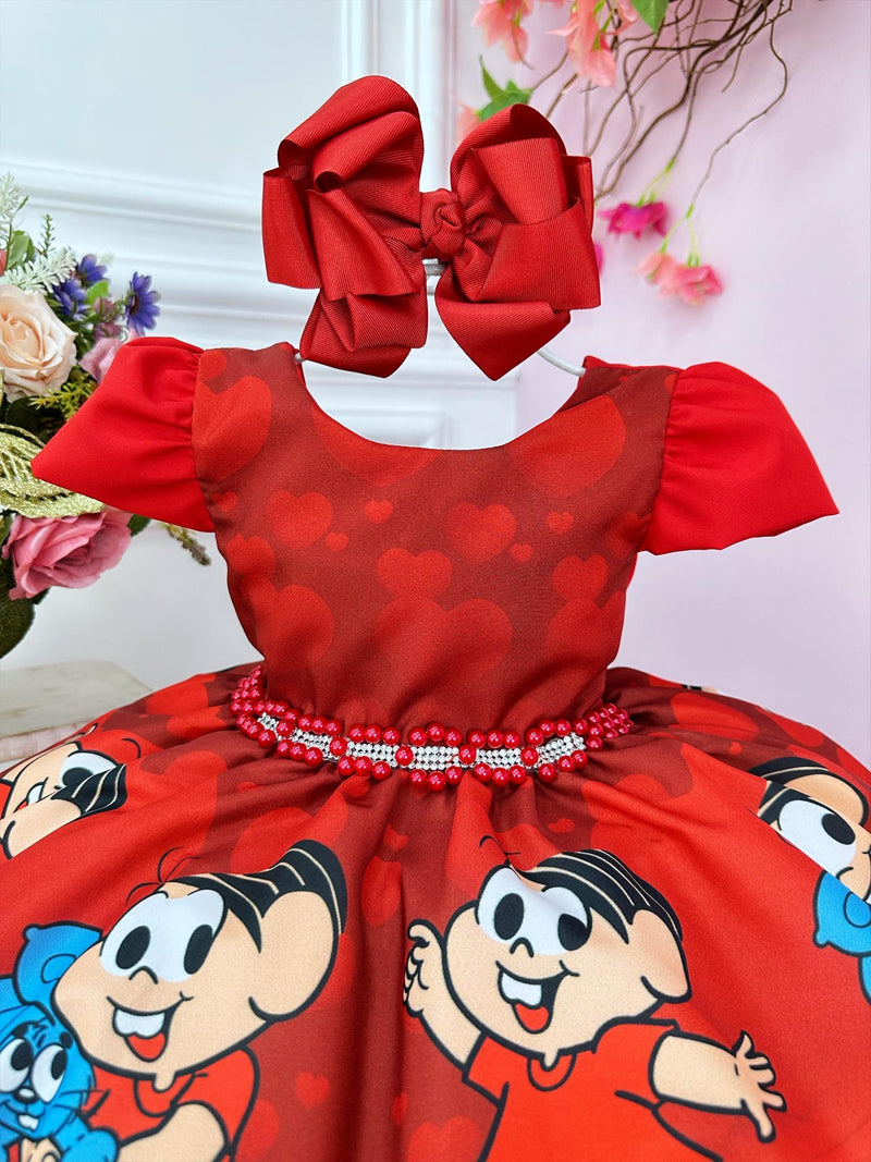 Vestido Infantil Mônica e Sansão Vermelho C/ Cinto Pérolas