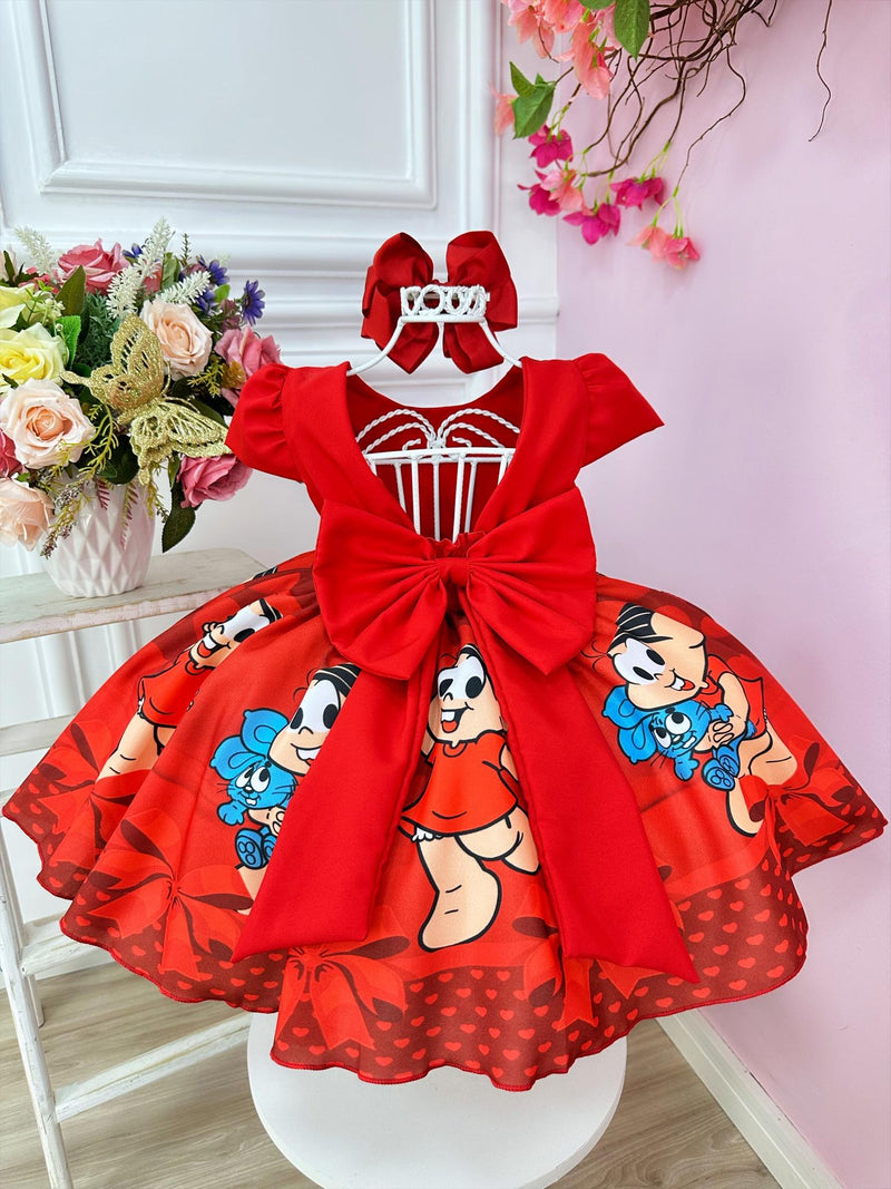 Vestido Infantil Mônica e Sansão Vermelho C/ Cinto Pérolas