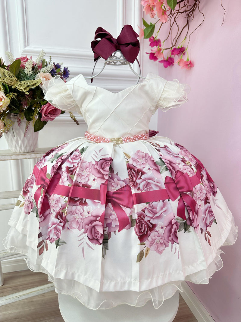 Vestido Infantil Marfim Florido Busto Nervura C/ Pérolas