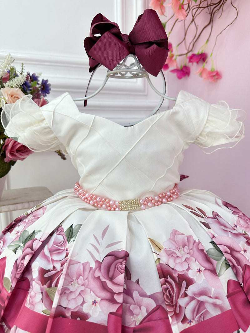 Vestido Infantil Marfim Florido Busto Nervura C/ Pérolas