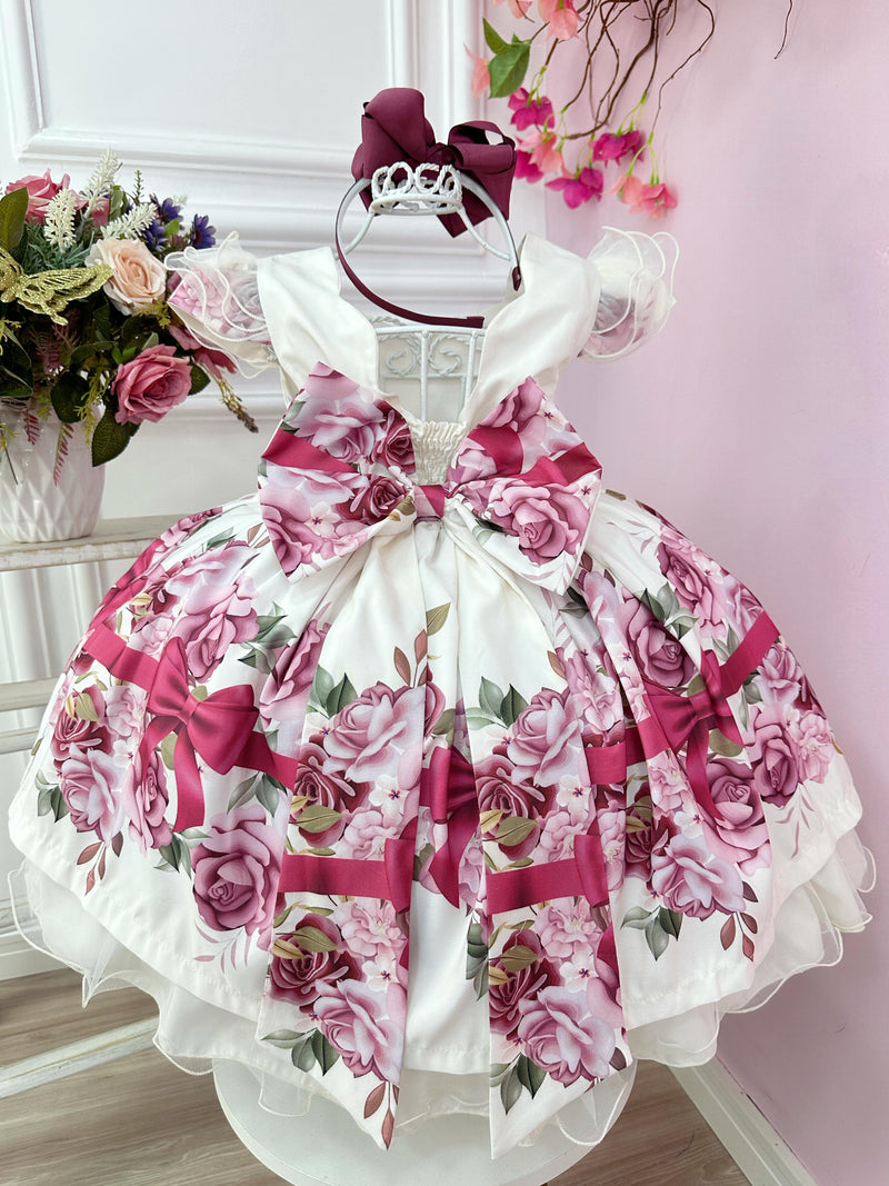 Vestido Infantil Marfim Florido Busto Nervura C/ Pérolas