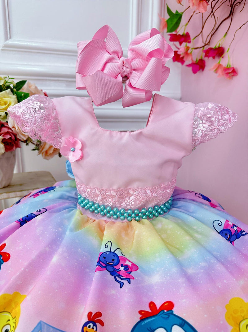 Vestido Infantil Rosa Galinha Pintadinha Cinto Pérolas Luxo