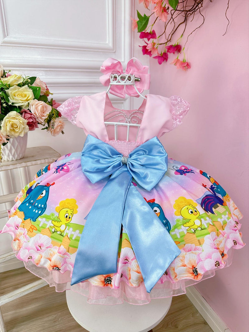 Vestido Infantil Rosa Galinha Pintadinha Cinto Pérolas Luxo