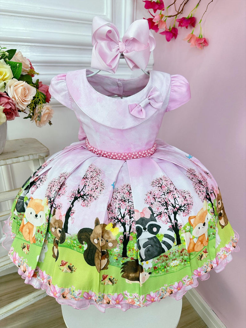 Vestido Infantil Rosa Bosque Jardim Encantado Cinto Pérolas