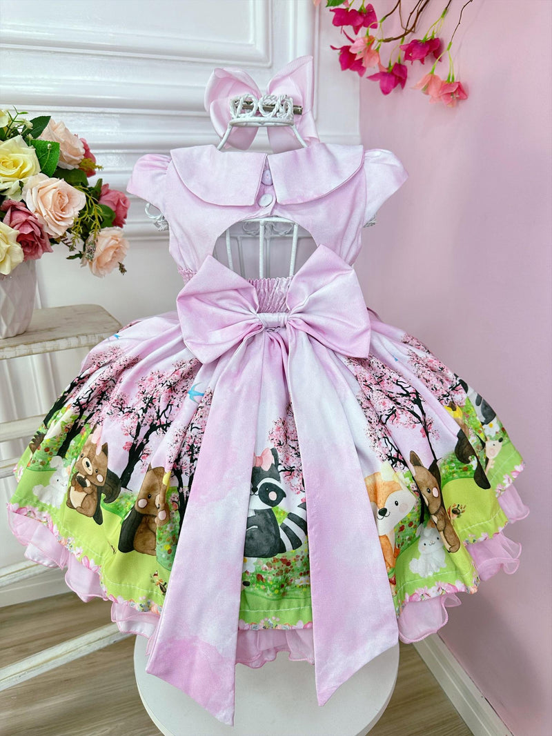 Vestido Infantil Rosa Bosque Jardim Encantado Cinto Pérolas