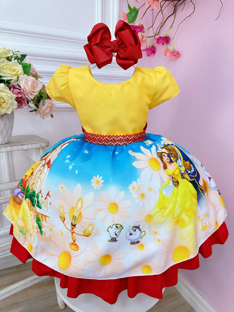 Vestido Infantil Bela e a Fera Amarelo Azul e Vermelho