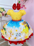 Vestido Infantil Bela e a Fera Amarelo Azul e Vermelho