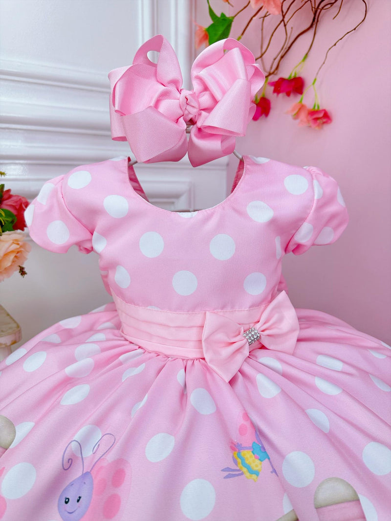 Vestido Infantil Galinha Pintadinha Rosa Bolinhas Brancas