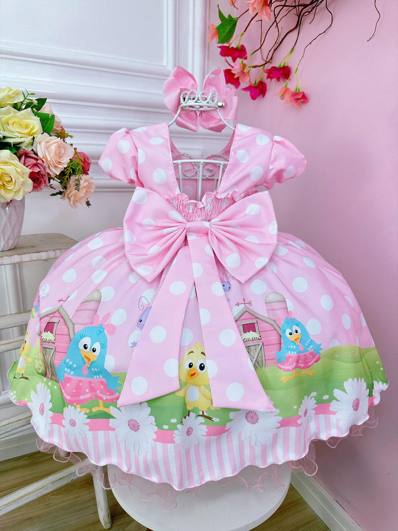 Vestido Infantil Galinha Pintadinha Rosa Bolinhas Brancas