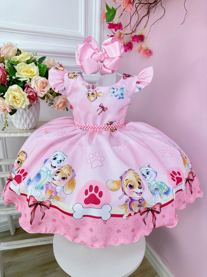 Vestido Infantil Patrulha Canina Sky Rosa C/ Pérolas Festas