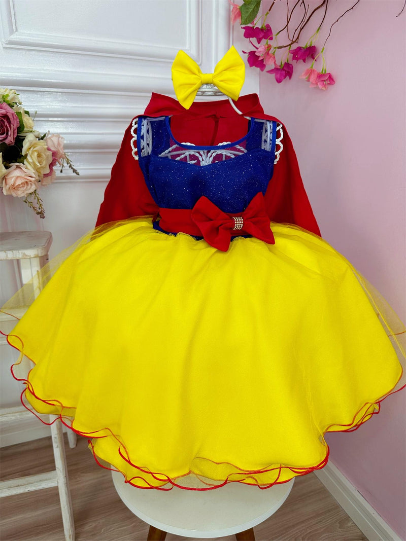 Vestido Infantil Branca de Neve C/ Capa e Laço Strass