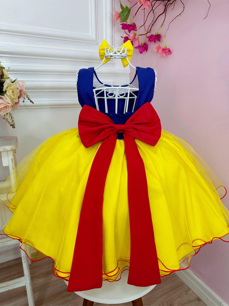 Vestido Infantil Branca de Neve C/ Capa e Laço Strass