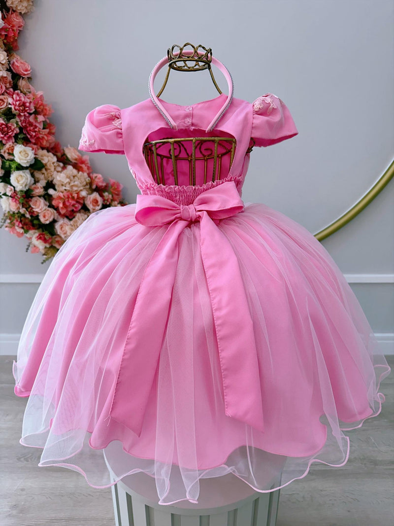 Vestido Infantil Rosa Chiclete C/ Renda Cinto Pérolas Tiara