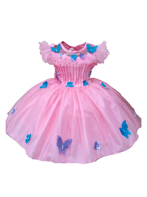 Vestido Infantil Rosa Aplique Borboletas Super Brilho Luxo