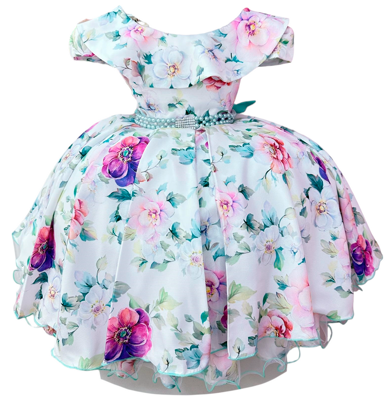 Vestido Infantil Branco Jardim Encantado Verde C/ Pérolas