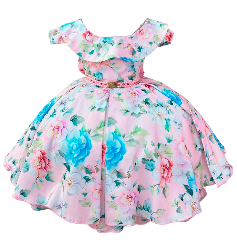 Vestido Infantil Rosa Jardim Encantado Cinto Pérolas Festas