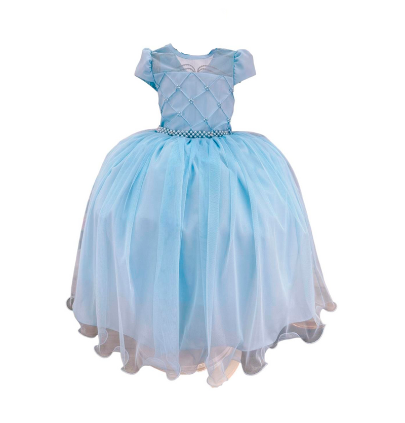 Vestido Infantil Azul Bebê C/ Busto Nervura e Pérolas Damas