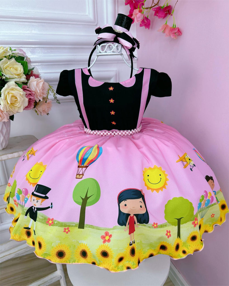 Vestido Infantil Rosa Mundo Bita C/ Cinto Pérolas