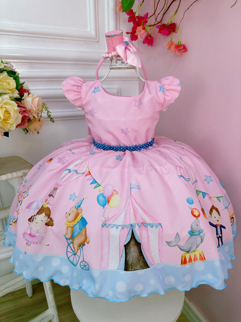 Vestido Infantil Rosa Turma do Circo Com Estrelas Festas (1187RA)