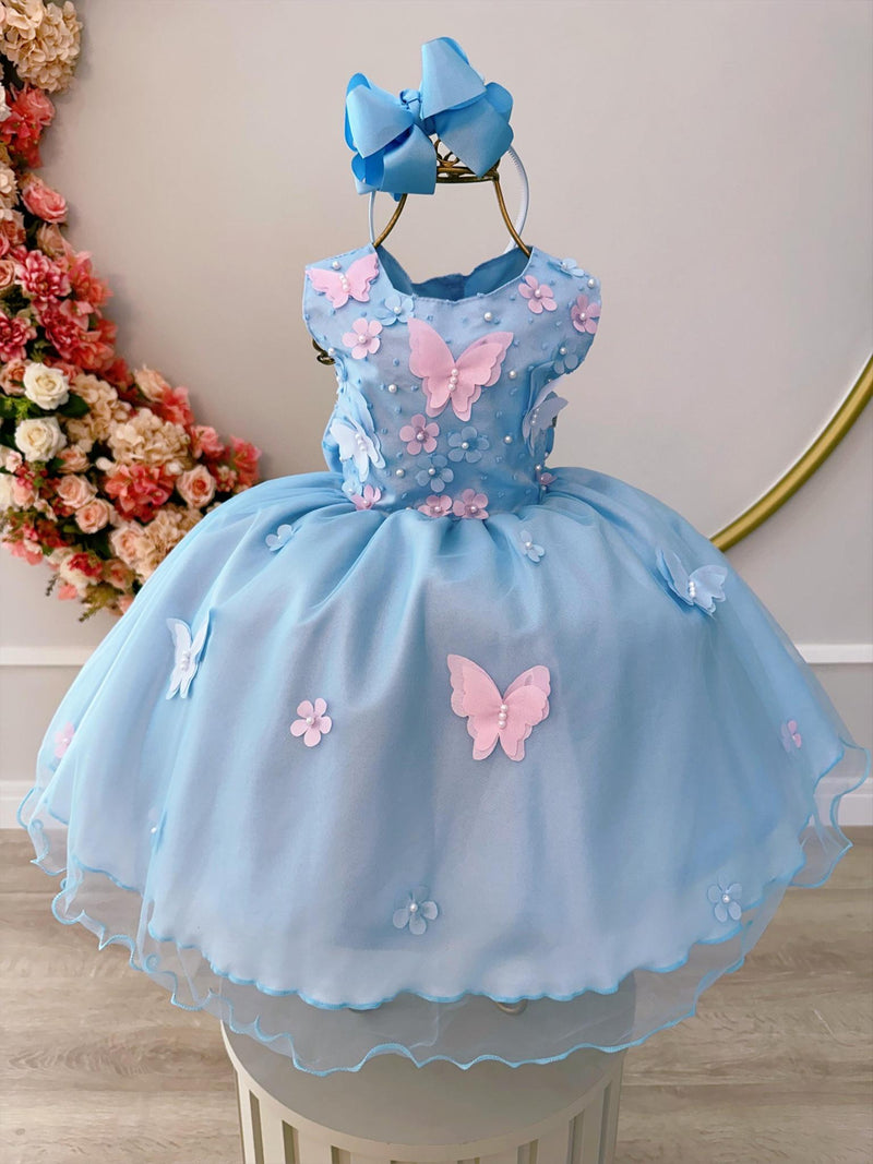 Vestido Infantil Azul C/ Aplique de Borboletas e Flores