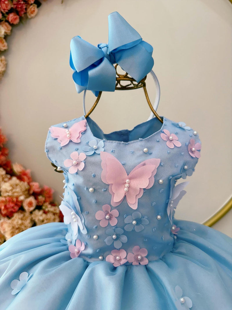 Vestido Infantil Azul C/ Aplique de Borboletas e Flores