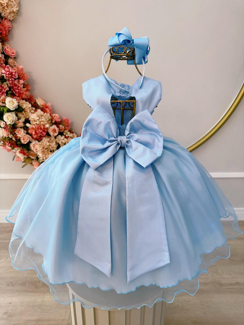 Vestido Infantil Azul C/ Aplique de Borboletas e Flores