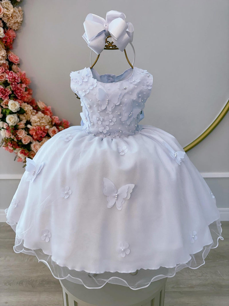 Vestido Infantil Branco C/ Aplique de Borboletas e Flores