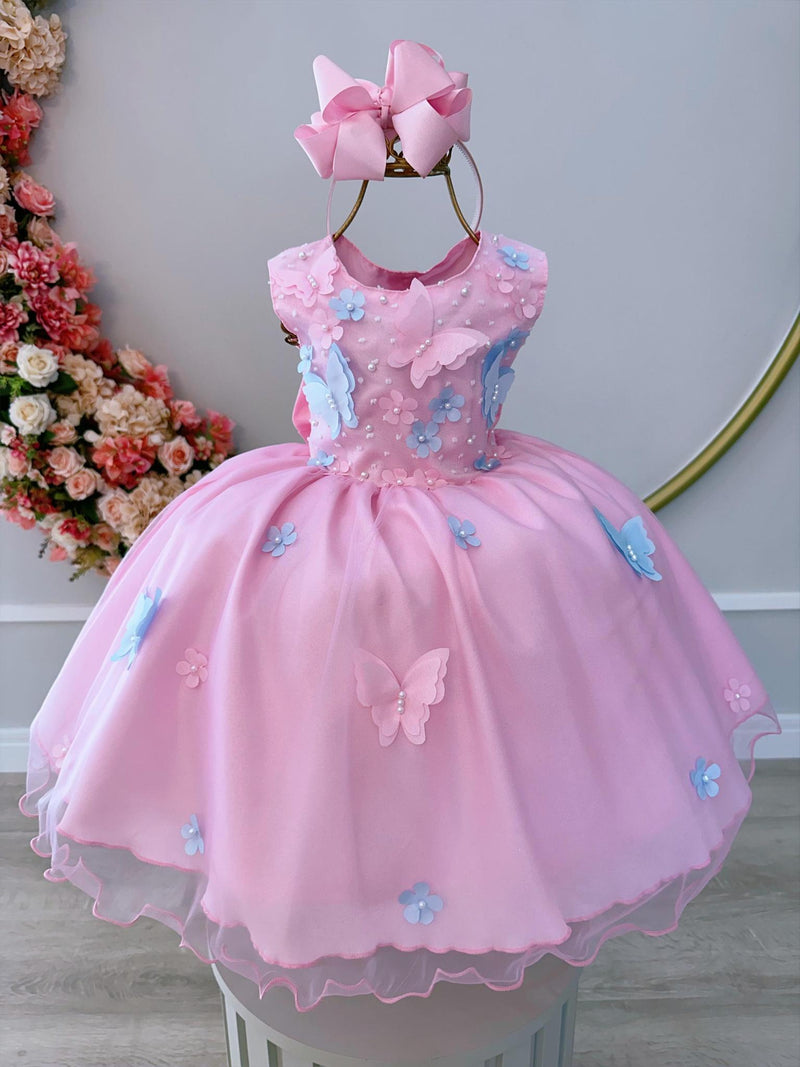 Vestido Infantil Rosa C/ Aplique de Borboletas e Flores